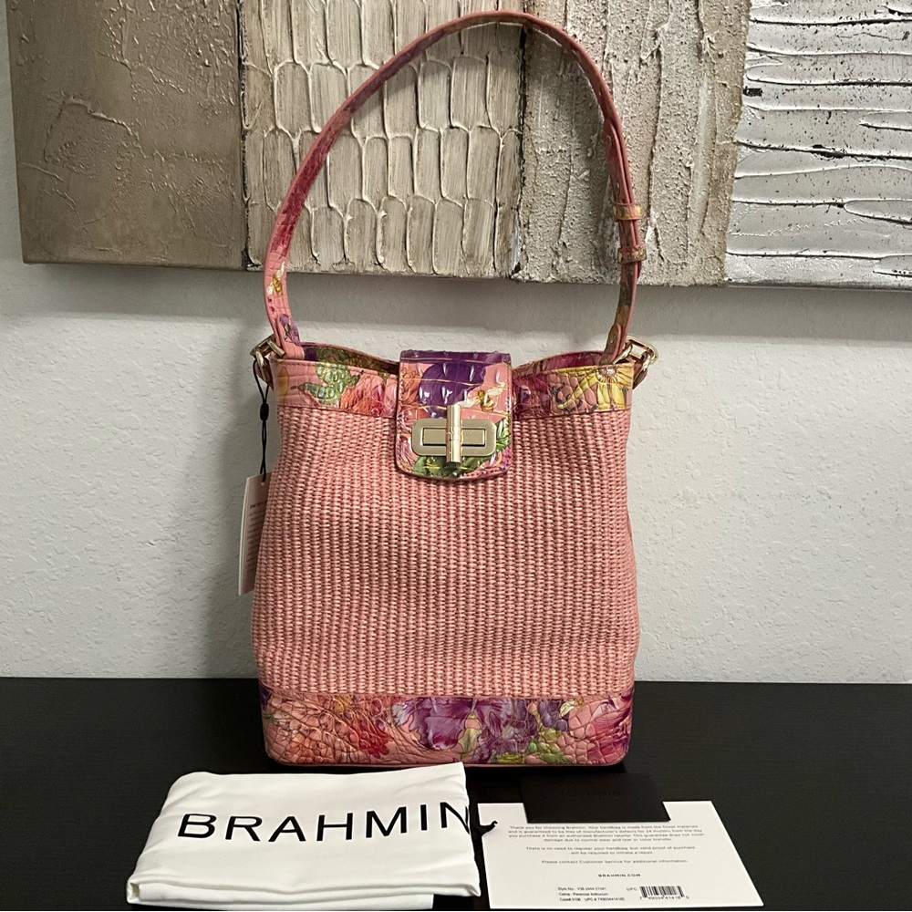 Brahmin Celina PERENNIAL ANTHURIUM Croc Embossed & Raffia Bucket Tote